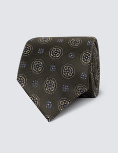 Men's Green Geometric Print Tie - 100% Silk