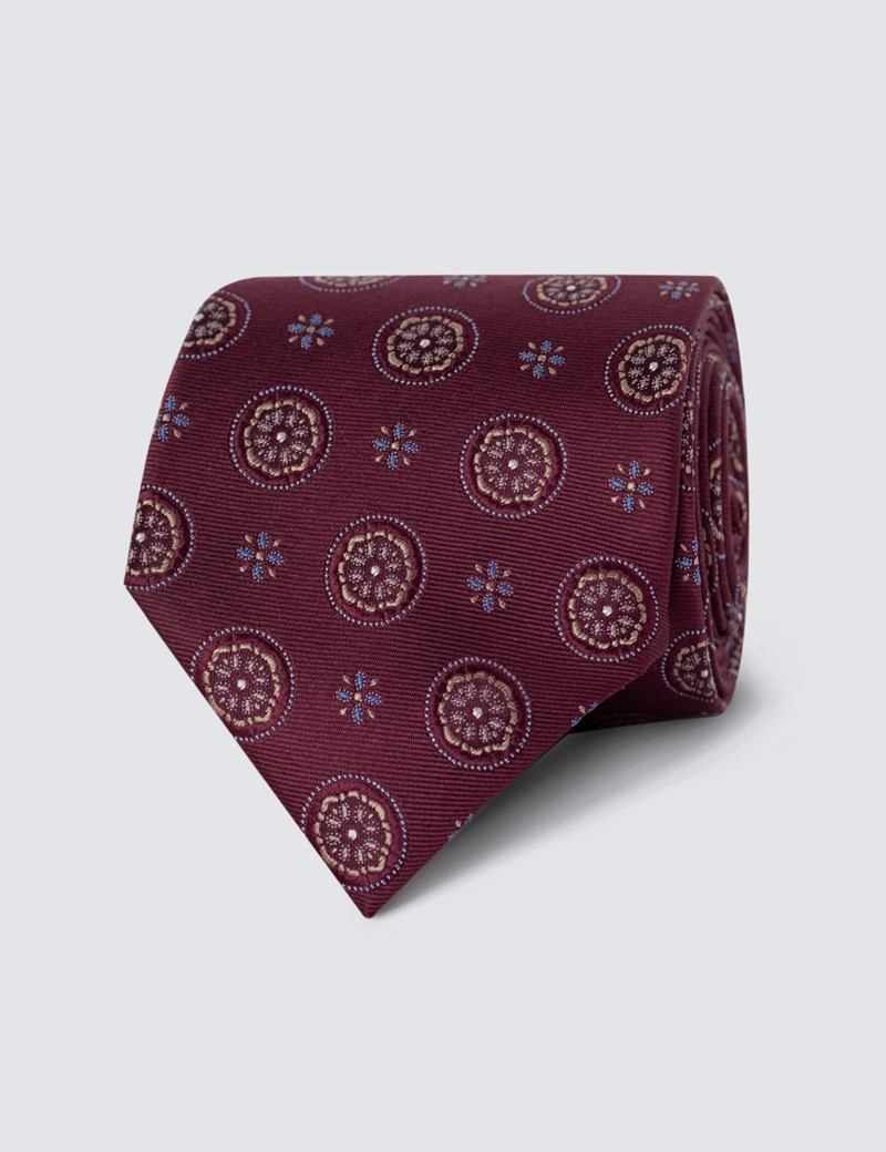 Men's Burgundy Geometric Print Tie - 100% Silk