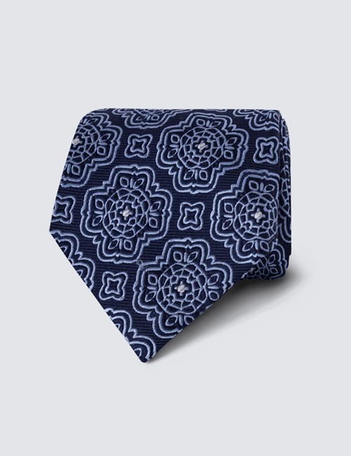 Men's Navy Medallions Print Tie - 100% Silk
