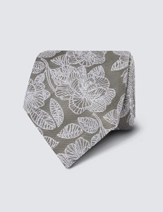 Men's Green Floral Print Tie - 100% Silk