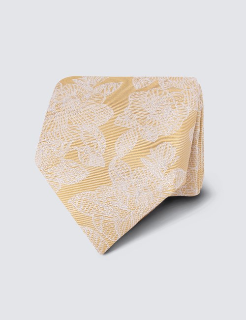 Men's Yellow Floral Print Tie - 100% Silk