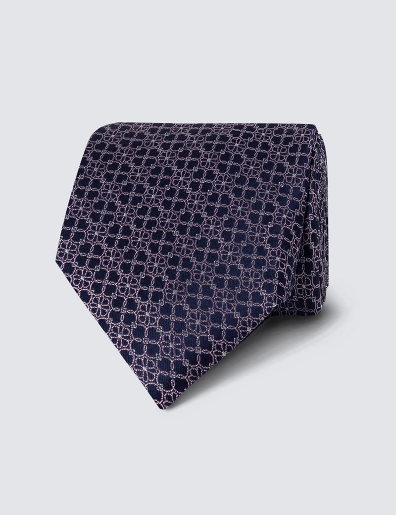 Men's Navy & Light Pink Geometric Print Tie - 100% Silk