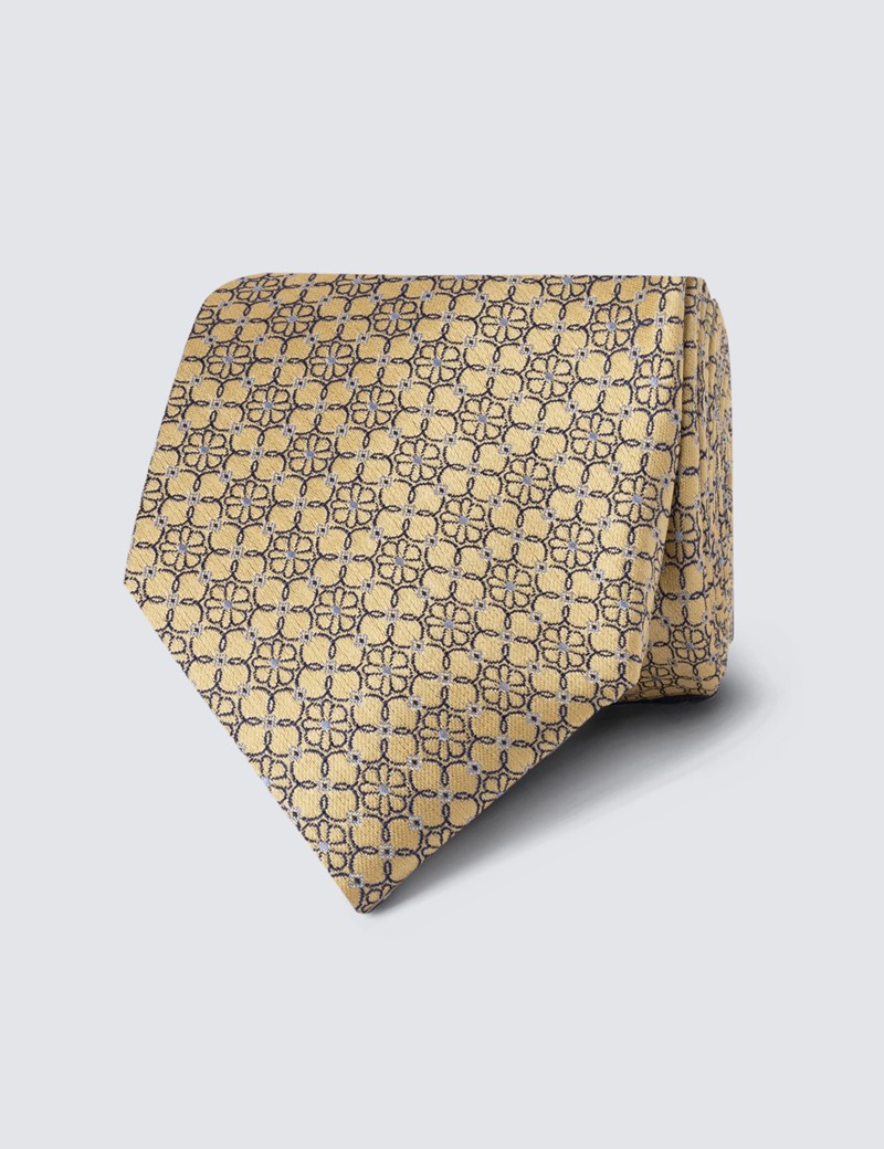 Men's Yellow Geometric Print Tie - 100% Silk