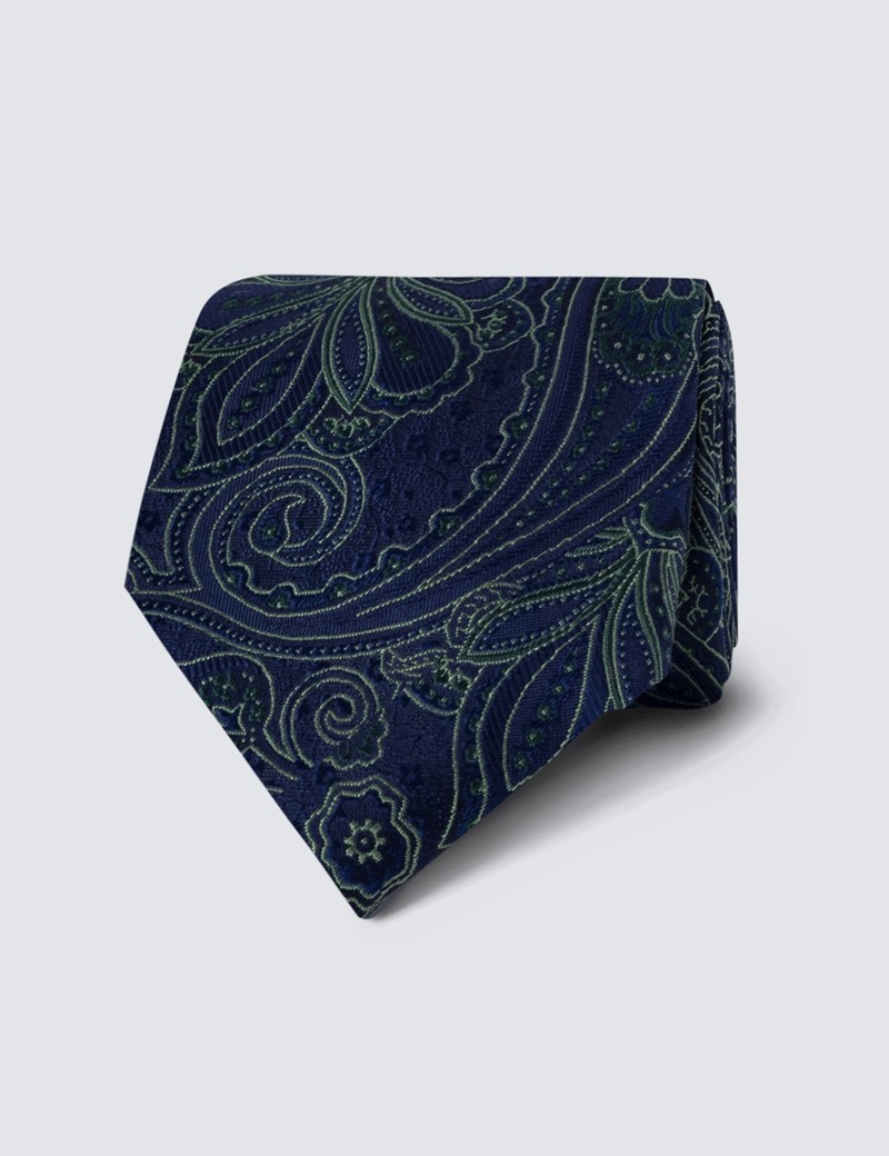 Men's Navy & Green Paisley Print Tie - 100% Silk