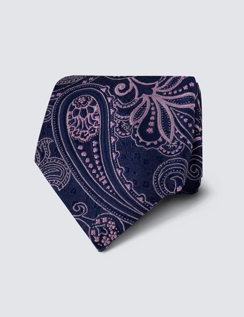 Men's Navy & Pink Paisley Print Tie - 100% Silk