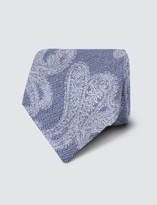 Men's Blue Herringbone Paisley Tie - 100% Silk