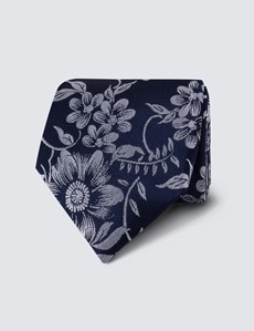 Men's Navy & White Floral Print Tie - 100% Silk