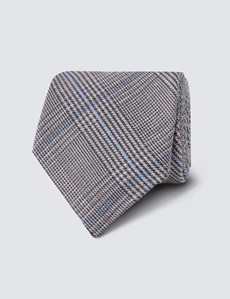 Men's Brown & Blue Check Tie - Silk & Linen Mix