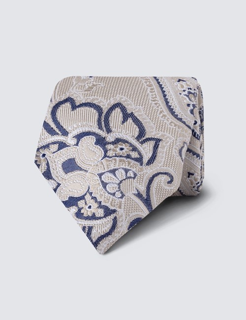 Men's Cream Floral Print Tie - 100% Silk