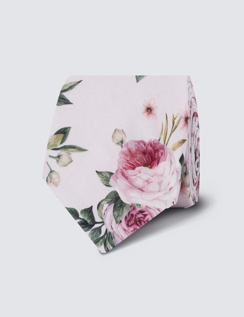 Men's White & Pink Floral Print Tie - 100% Cotton