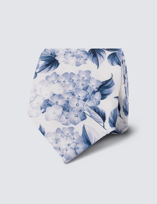 Men's White & Blue Floral Print Tie - 100% Cotton