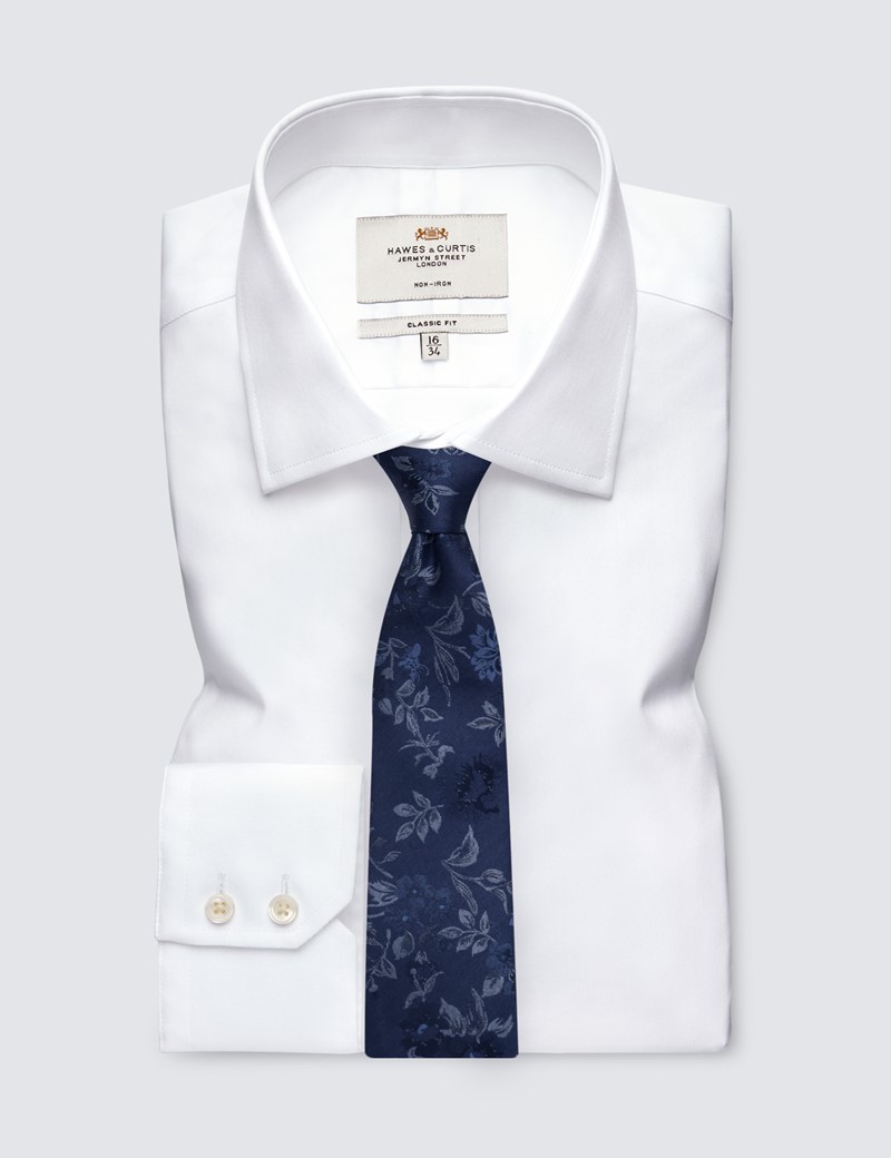Men's Tie & Handkerchief Set Slim Dark Blue with Floral Quality Cotton MTB01 