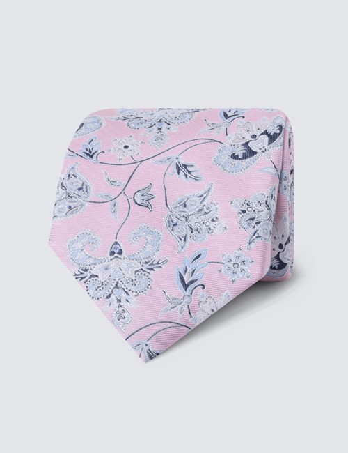 Men's Pink Pastel Floral Tie - 100% Silk