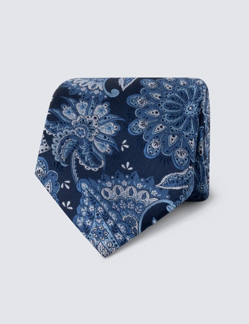 Men's Navy & Blue Floral Paisley Tie - 100% Silk