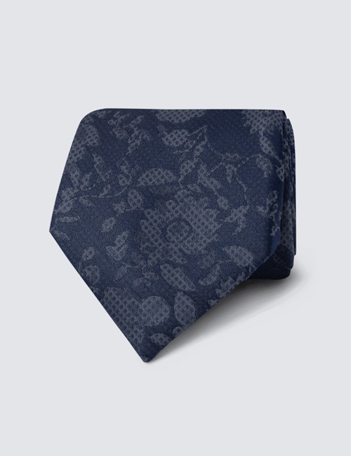 Men's Navy & Grey Tonal Floral Print Tie - 100% Silk