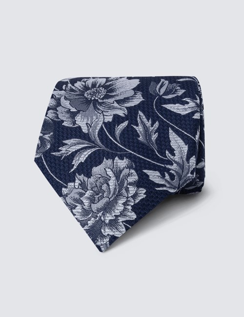 Men's Navy & White Large Floral Print Tie - 100% Silk
