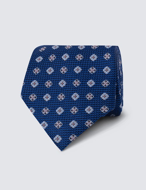 Men's Blue Ditsy Geometric Print Tie - 100% Silk