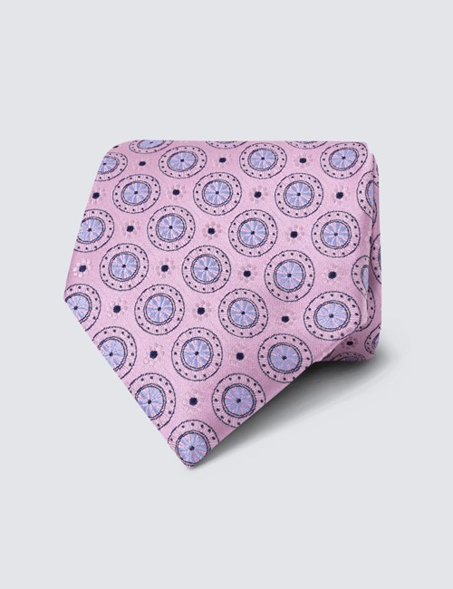 Men's Pink Daisy Geometric Print Tie - 100% Silk