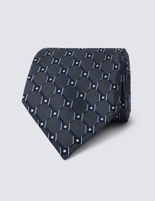 Men's Dark Grey Diamond Links Print Tie - 100% Silk