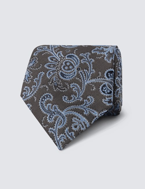 Men's Taupe Paisley Floral Print Tie - 100% Silk