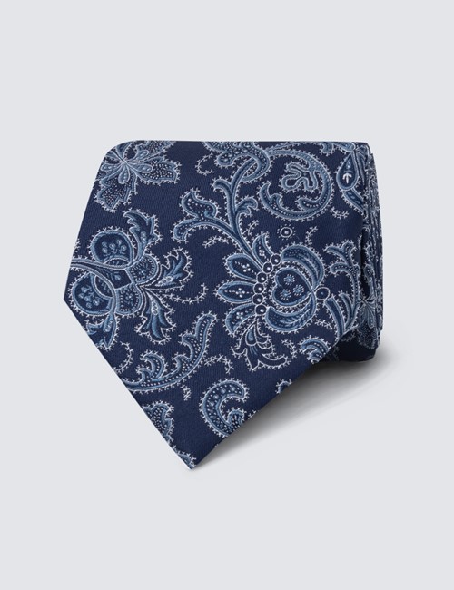Men's Navy Paisley Floral Print Tie - 100% Silk