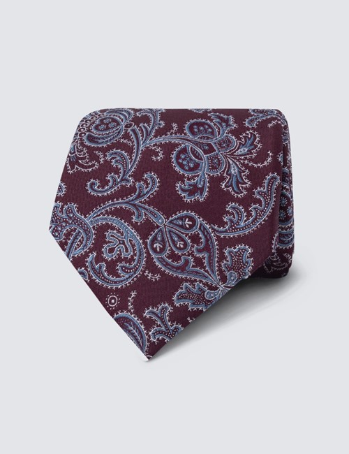 Men's Wine Paisley Floral Print Tie - 100% Silk