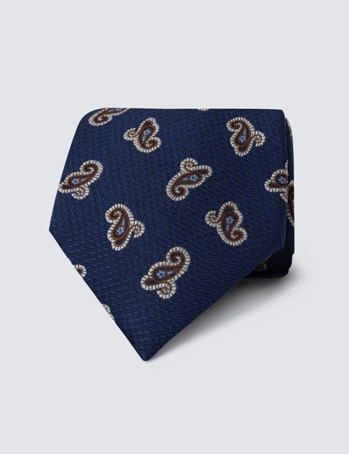 Men's Navy & Brown Small Paisley Print Tie - 100% Silk
