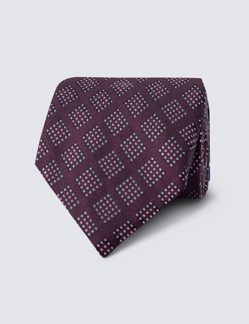 Men's Wine Dotted Squares Print Tie - 100% Silk