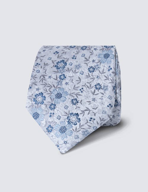 Grey & Blue Small Floral Tie - 100% Silk 