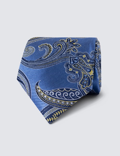 Men's Mid Blue Large Contrast Paisley Print Tie - 100% Silk
