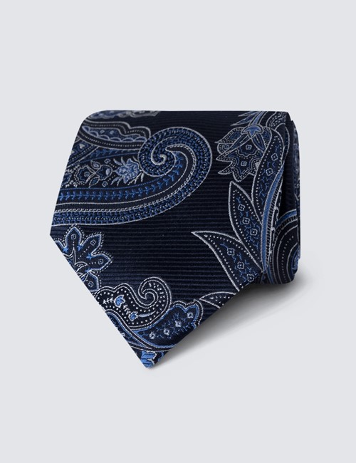 Men's Navy Large Contrast Paisley Print Tie - 100% Silk
