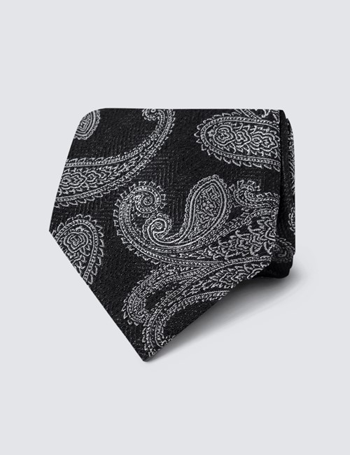 Men's Black Herringbone Paisley Print Tie - 100% Silk