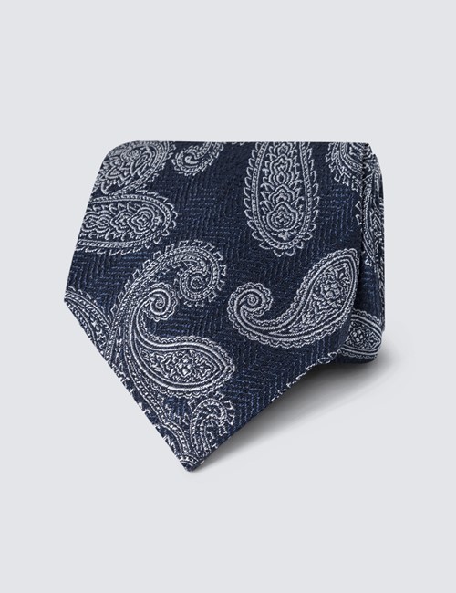 Krawatte – Seide – Standardbreite – dunkelblau Paisley Fischgrat Muster