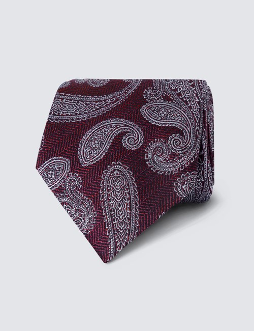 Men's Burgundy Herringbone Paisley Print Tie - 100% Silk