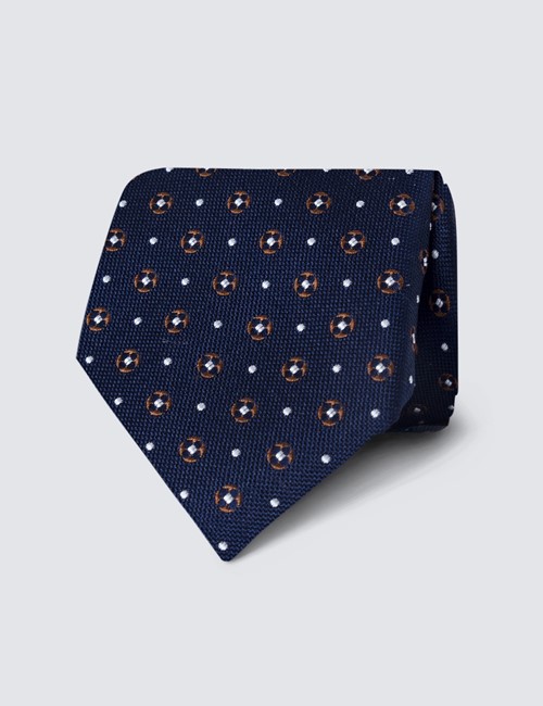 Men's Navy & Brown Spot Print Tie - 100% Silk