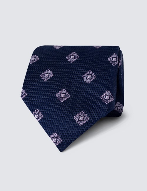 Men's Navy & Pink Geometric Print Tie - 100% Silk