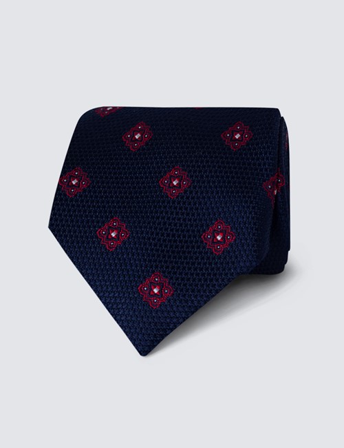 Men's Navy & Red Geometric Print Tie - 100% Silk