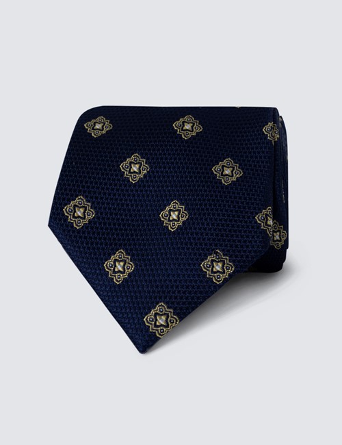 Men's Navy & Yellow Geometric Print Tie - 100% Silk