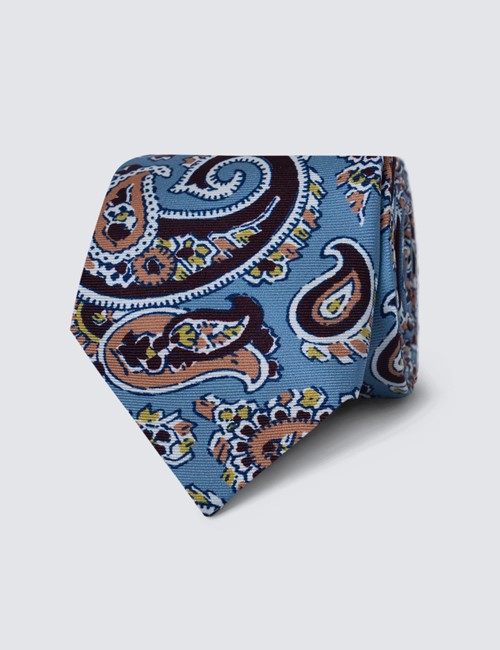 Men's Light Blue Large Paisley Print Tie - 100% Silk