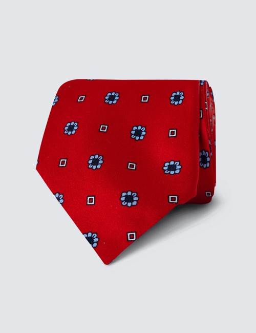 Men's Red Floral Print Tie - 100% Silk