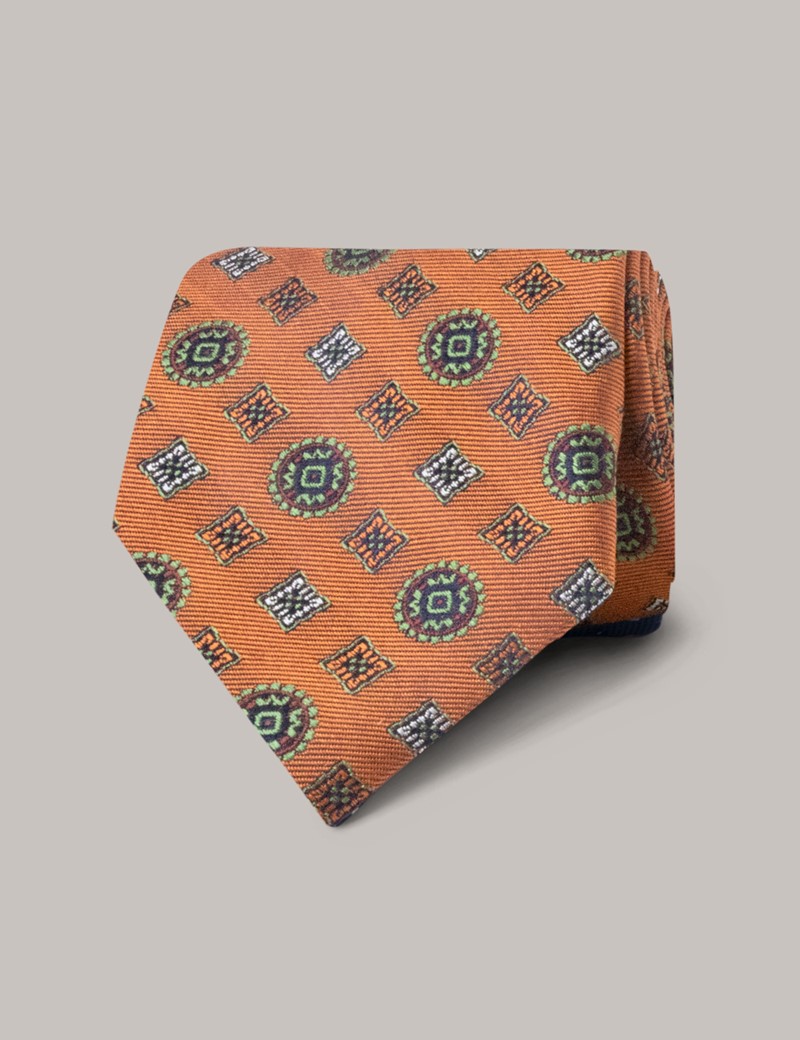 Men's Orange Contrast Geometric Tie - 100% Silk