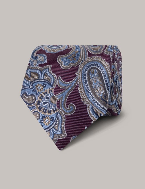 Burgundy and Grey Foulard Print Silk Tie by Proper Cloth