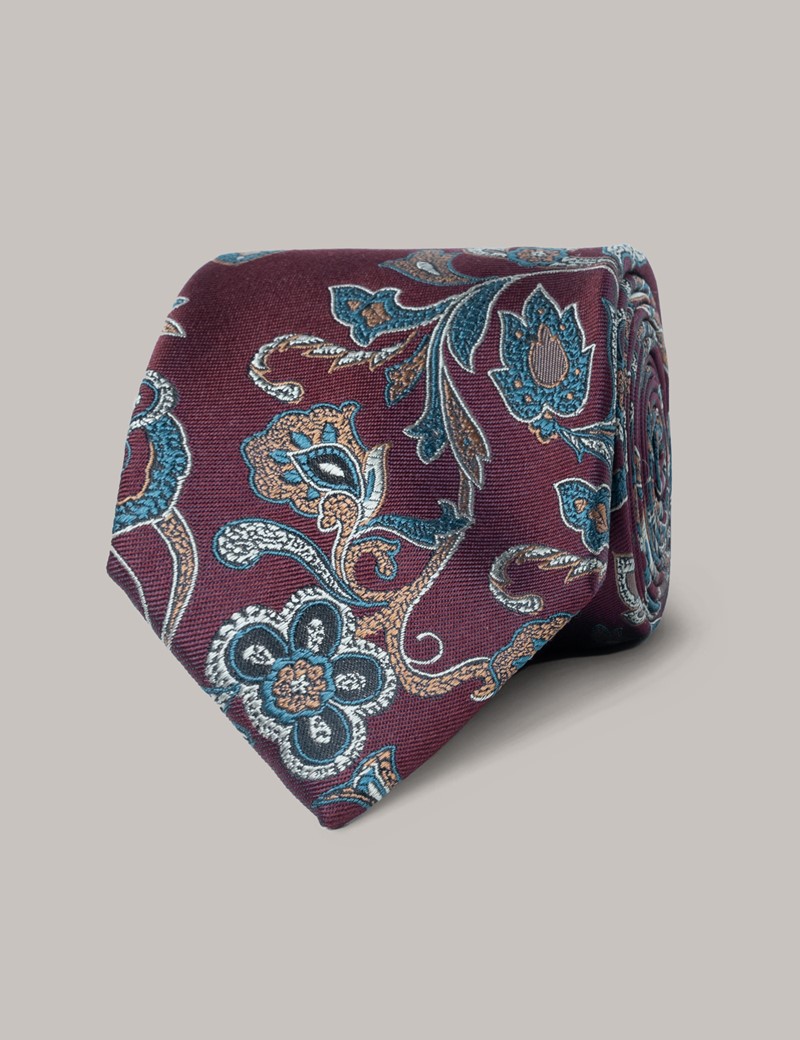 Men's Wine Contrast Paisley Print Tie - 100% Silk