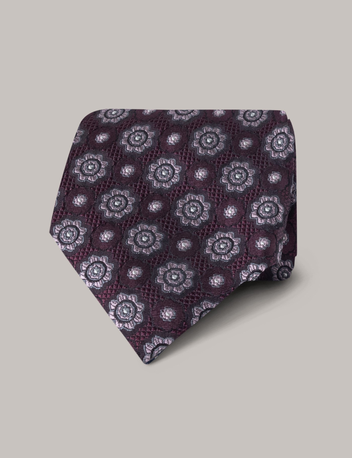 Men's Burgundy Foulard Floral Tie - 100% Silk