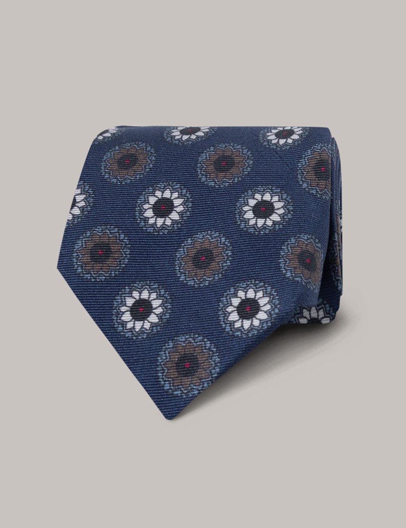 Men's Navy Geometric Foulard Tie - 100% Silk | Hawes & Curtis