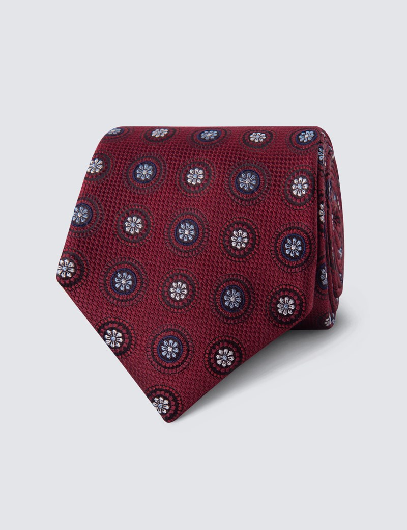 Men's Burgundy Geometric Medallions Tie 100 Silk Hawes & Curtis