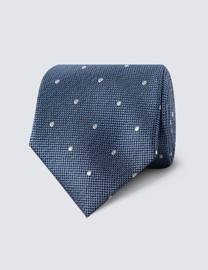 Men's Light Blue & White Spotted Birdseye Tie - 100% Silk | Hawes & Curtis