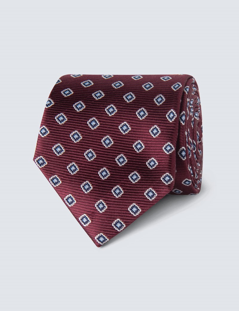 Men's Burgundy Geometric Squares Tie - 100% Silk | Hawes & Curtis