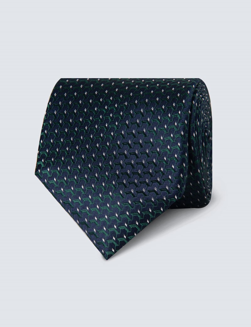 100% Silk Men's Tie with Woven Links Design in Navy & Green | Hawes ...