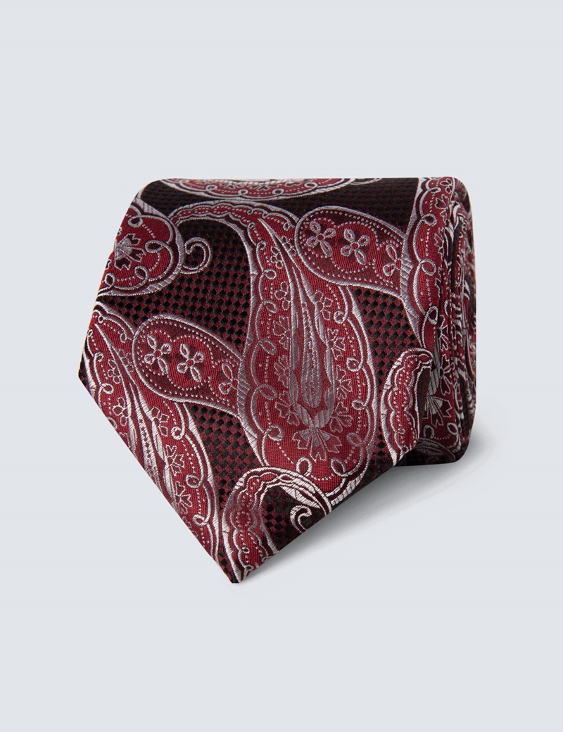 100% Silk Men's Tie with Textured Paisley Design in Wine & Red | Hawes ...